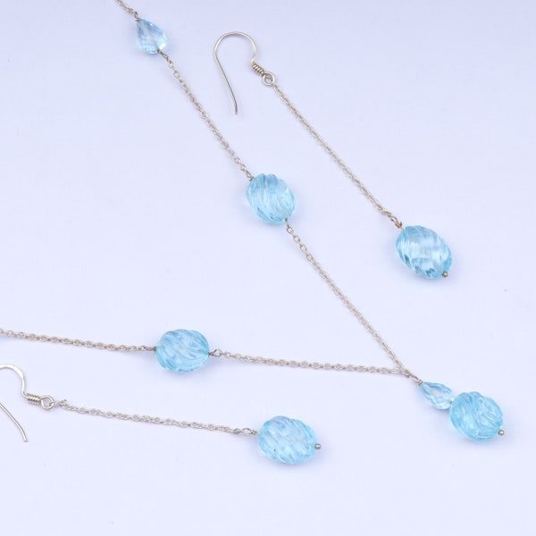 925 Sterling Silver Natural Blue Topaz Gemstone Jewellery Set, Necklace ...