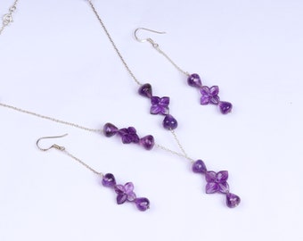 925 Sterling Silver Amethyst Jewelry Set Purple Necklace Minimalist Flower Earrings Amethyst Carving 16” Handmade Gift