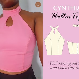 CYNTHIA halter top sewing pdf digital pattern, summer top pattern, halter summer top sewing pattern, keyhole top pattern, turtle neck top