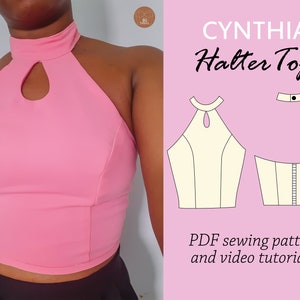 CYNTHIA halter top sewing pdf digital pattern, summer top pattern, halter summer top sewing pattern, keyhole top pattern, turtle neck top