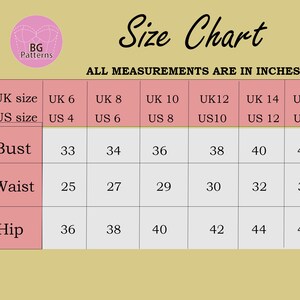 May include: Size chart for women's clothing in US and UK sizes. The chart shows bust, waist, and hip measurements in inches.