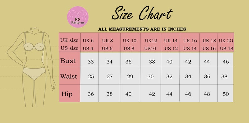 May include: Size chart for women's clothing in US and UK sizes. The chart shows bust, waist, and hip measurements in inches.