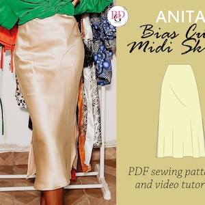 ANITA bias cut midi skirt sewing pattern, high waist midi skirt sewing PDF pattern, bias cut midi skirt digital PDF sewing pattern