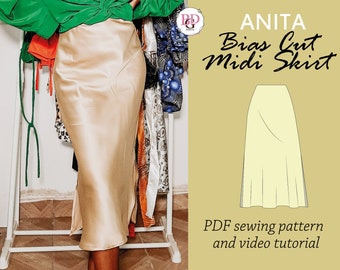 ANITA bias cut midi skirt sewing pattern, high waist midi skirt sewing PDF pattern, bias cut midi skirt digital PDF sewing pattern