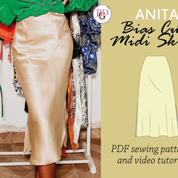 ANITA bias cut midi skirt sewing pattern, high waist midi skirt sewing PDF pattern, bias cut midi skirt digital PDF sewing pattern