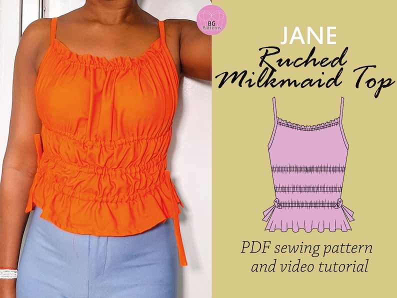 May include: A sewing pattern for a ruched milkmaid top. The pattern is for a sleeveless top with a fitted bodice and a gathered skirt. The top is shown in a light pink color. The text "JANE Ruched Milkmaid Top" is displayed above the pattern. The text "PDF sewing pattern and video tutorial" is displayed below the pattern.