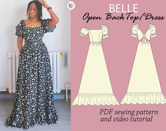BELLE Summer open back top and dress sewing pattern - pdf pattern- dress pattern- top pattern- summer sewing dress pattern