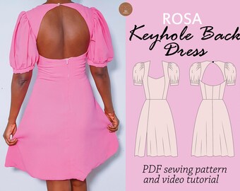 Patrón digital en PDF para vestido con espalda abierta ROSA, patrón de costura para vestido con espalda abierta, patrón de costura para vestido con mangas abullonadas, patrón digital en PDF