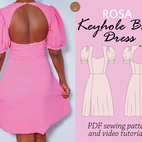 ROSA Keyhole back dress sewing pdf digital pattern, open back dress sewing pattern, puff sleeves dress sewing pattern, digital PDF pattern