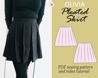 OLIVIA pleated skirt sewing pattern, skater skirt pattern, tennis skirt sewing pdf pattern, PDF digital sewing pattern