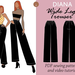 DIANA womens high waisted wide/straight leg trouser sewing digital PDF pattern, palazzo pants, high waisted  pants sewing digital pattern
