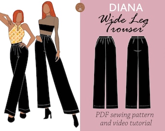DIANA damesbroek met hoge taille wijde/rechte pijpen naaien digitaal pdf-patroon, palazzobroek, hoog getailleerde broek naaien digitaal patroon