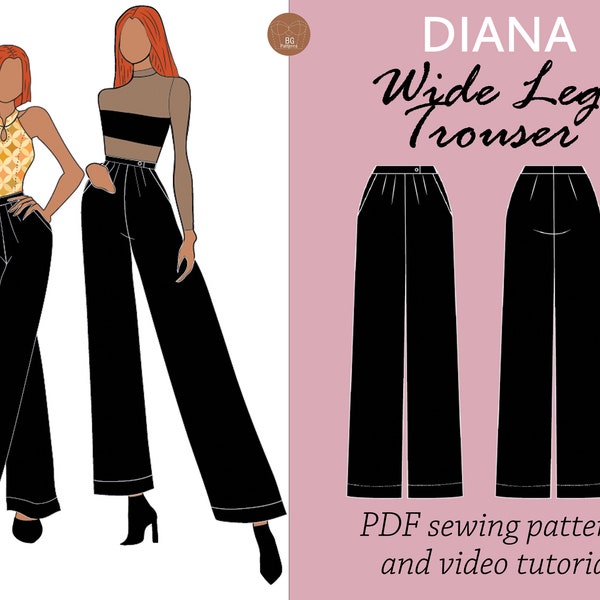 DIANA womens high waisted wide/straight leg trouser sewing digital PDF pattern, palazzo pants, high waisted  pants sewing digital pattern