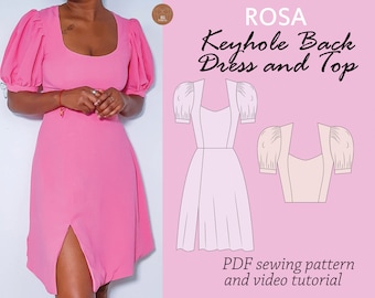 ROSA Keyhole back dress and top sewing pdf digital pattern, open back top sewing pattern, puff sleeves dress/top pattern,digital PDF pattern
