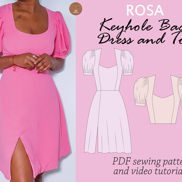 ROSA Keyhole back dress and top sewing pdf digital pattern, open back top sewing pattern, puff sleeves dress/top pattern,digital PDF pattern