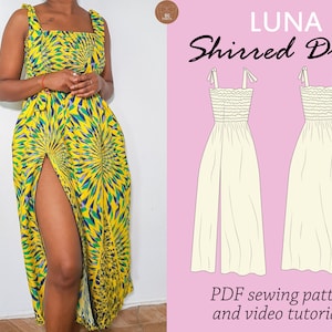 LUNA shirred midi dress sewing PDF, sewing digital pdf pattern, strapless shirred dress pattern, cottagecore dress sewing pattern