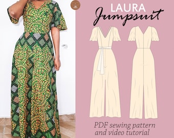 LAURA wide leg flare jumpsuit, butterfly sleeves maxi jumpsuit, jumpsuit sewing pdf digital pattern