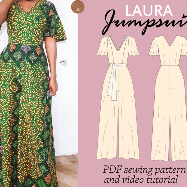 LAURA wide leg flare jumpsuit, butterfly sleeves maxi jumpsuit, jumpsuit sewing pdf digital pattern