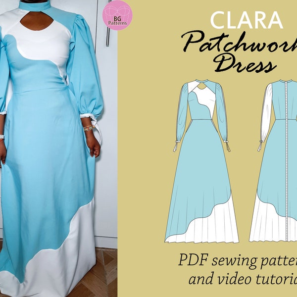 CLARA keyhole mock neck patchwork maxi puff sleeves dress sewing PDF digital pattern