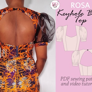 ROSA Keyhole back top sewing pdf digital pattern, open back top sewing pattern, puff sleeves top sewing pattern, digital PDF top pattern
