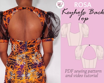 ROSA Keyhole back top sewing pdf digital pattern, open back top sewing pattern, puff sleeves top sewing pattern, digital PDF top pattern