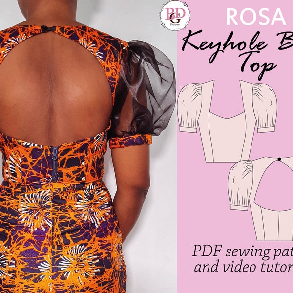 ROSA Keyhole back top sewing pdf digital pattern, open back top sewing pattern, puff sleeves top sewing pattern, digital PDF top pattern