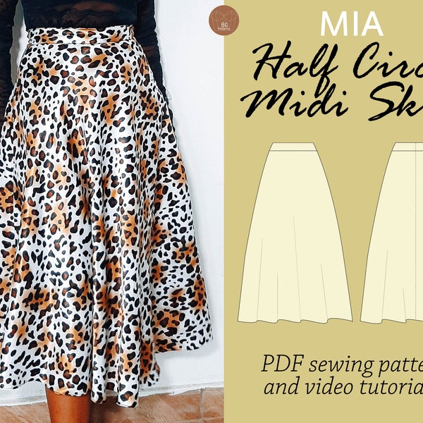 MIA Half circle midi skirt sewing pdf pattern, midi skirt sewing pattern, easy skirt pattern for women, digital pdf sewing printable pattern
