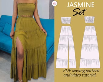 JASMINE Tiered Maxi Skirt & Crop Top Sewing PDF Pattern (UK 6-20)