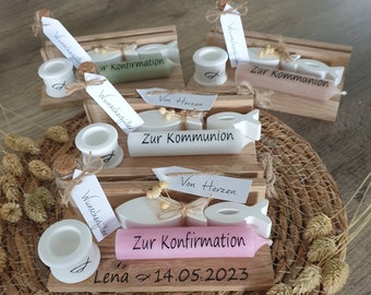 Konfirmation/Kommunion personalisiert/Geschenk mit Kerze, Halter, Wunscherfüller und Fischen aus Raysin/Geldgeschenk Konfirmation Kommunion