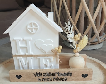 Haus Home auf Holztablett mit Holzvase und Trockenblumen/Deko Haus Raysin mit Herzen/Geschenk zum Einzug/Mitbringsel Umzug/Wohndeko