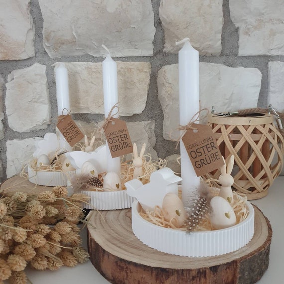 Oster Kerzenhalter Deko Set | Handgemachte Osterdekoration Mit Kerze, Hase Und Eiern | Natürliche Tischdeko Frühling Ostern