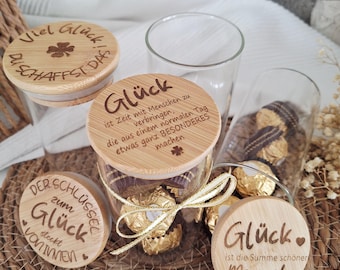 Vorratsglas mit Holzdeckel 250ml & Lasergravur | Glück Sprüche Glas | Geschenkidee Glück | Süßigkeitenglas personalisiert | Deko Glas