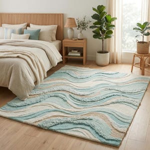 Puede incluir: Una alfombra rectangular con un diseño de ondas en tonos azules, beige y blanco. La alfombra tiene un aspecto texturizado y afelpado. La alfombra está colocada en un dormitorio, complementando los tonos neutros de la habitación.