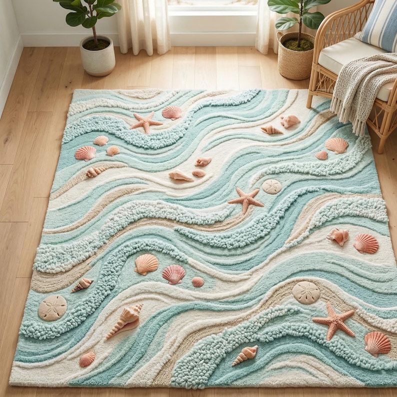 Beachy Throw Rug Hand Tufted Ocean Wave Rug, Coastal Seashell Area Rugs Beach Theme ...