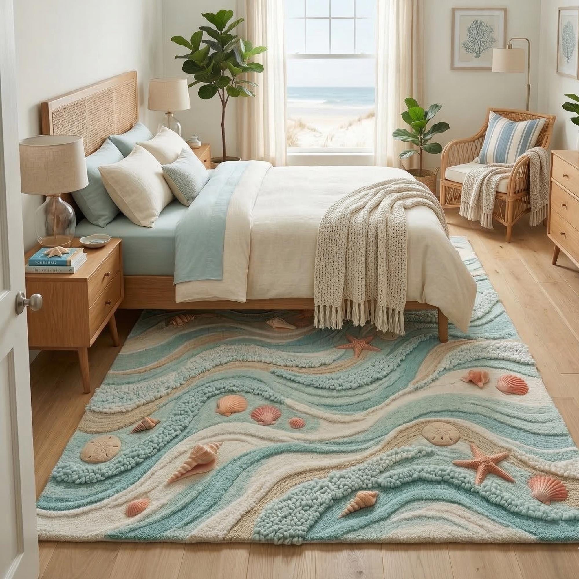 Seashell Area Rug Hand Tufted Ocean Wave Rug, Coastal Seashell Area Rugs Beach Theme ...