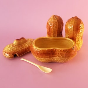 May include: A ceramic kitchen set shaped like peanuts, including two upright shakers with small holes on top, a lidded bowl with a removable peanut-shaped cover, and a small, smooth, cream-coloured plastic spoon resting in front of the bowl.