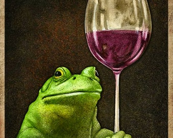 Può includere: Una rana verde è seduta al bar con un bicchiere di vino rosso. Il testo dice "Frogs and Wine Make Everything Fine."