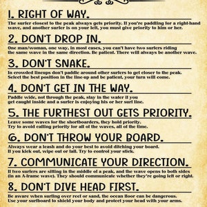 Op de afbeelding: Een poster in vintage stijl met de tekst "10 Basisregels Surfers Code". De regels gaan over surf-etiquette, waaronder voorrang, het vermijden van drop-ins en respect voor het strand en de oceaan.