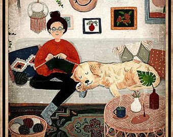 Girl KnitTIng, SlEEping Dog – If I’m SiTting, I’m KnittINg poster wall art home-decor