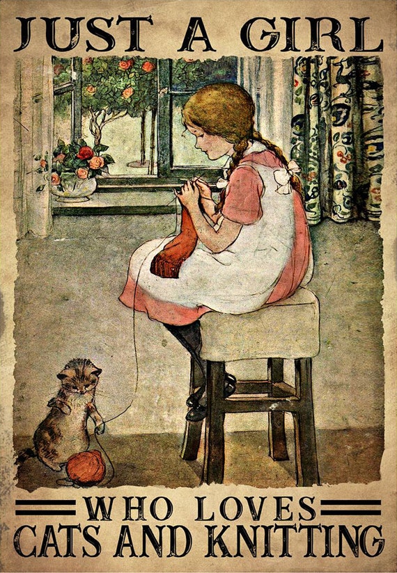 Little Girl Knitting With Cat Just A Girl Who Loves Cats Etsy