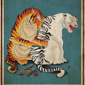 May include: A vintage-style poster featuring a tiger tattooing a white tiger. The poster has the text "That's what I do I get tattoos and I know things".