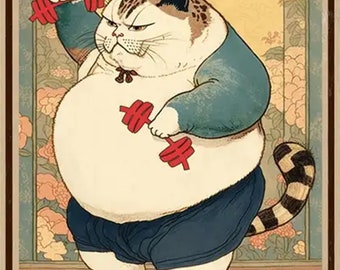 No Pain- NO Gain, Cat Workout Poster, Gym Cat Poster, Chubby Cat Poster, Weightlifting-Bodybuilding Poster, Fitness Cat,Vintage Poster Decor