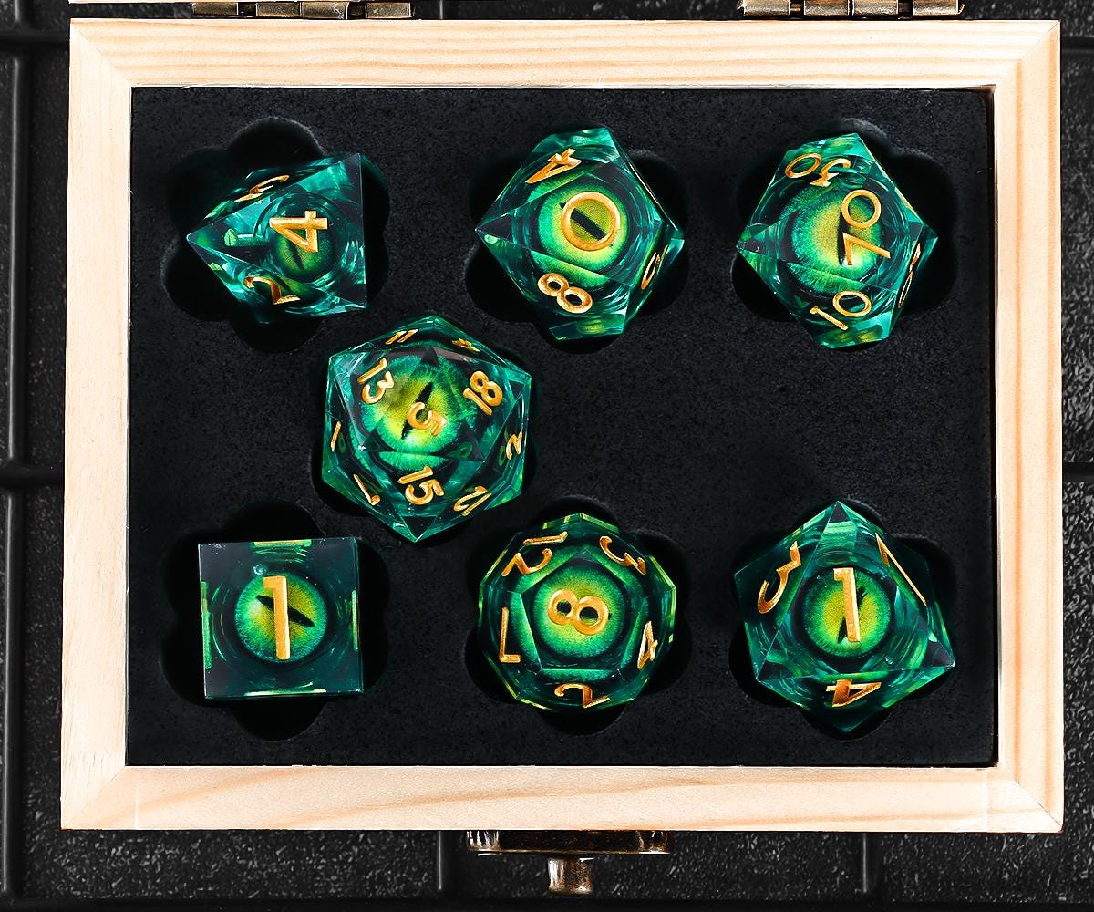 Green Dragon's Eye Dice, Handmade Liquid Core DnD Dice, Liquid Core Resin Dice, Polyhedral Dice, DnD Dice Set, Sharp Edge Dice Set