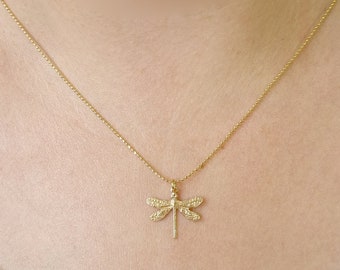 Necklace Dragonfly in 14ct gold plated on a beautiful diamond ball chain Chain length 45 cm