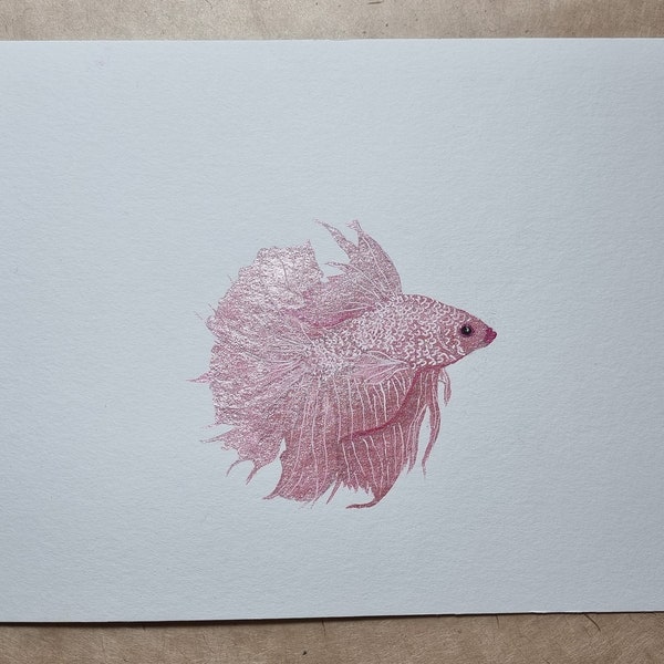 Kampffisch Betta Fish Fisch Aquarell Bild ORIGINAL Kein Print rosa pink metallic Farben-hochwertiges Aquarellbild gemalt mit Schmincke Farbe