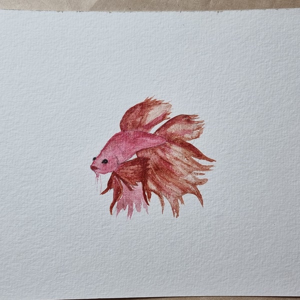 Kampffisch Betta Fish Fisch Aquarell Bild ORIGINAL Kein Print pink rosa kupfer metallic Farben hochwertiges Bild gemalt mit Schmincke Farbe