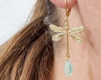 Dragonfly earrings 14 ct gold plated, handmade dragonflies exclusively available at GLOWYBOX. Dragonfly height approx. 2.5 cm Swarovski drops 8 mm