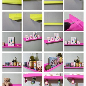 May include: A step-by-step guide to installing a floating shelf. The shelf is first shown in yellow, then pink. The shelf is installed on a wall with a drill. The shelf is then decorated with various items, including books, toys, and plants.