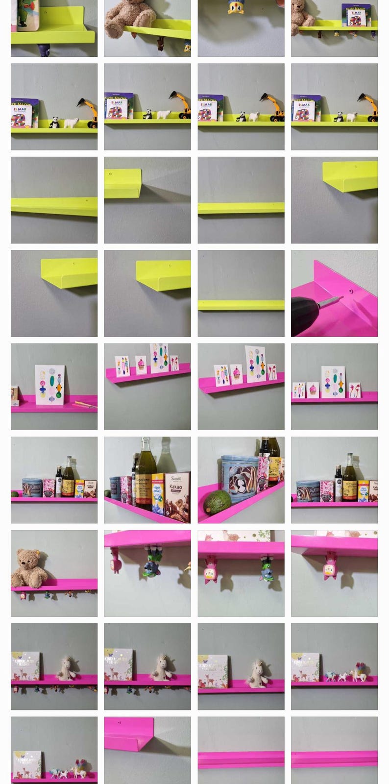 May include: A step-by-step guide to installing a floating shelf. The shelf is first shown in yellow, then pink. The shelf is installed on a wall with a drill. The shelf is then decorated with various items, including books, toys, and plants.
