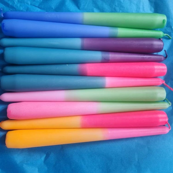 10er SET-Dip Dye Kerzen 2 farbig in neon und pastell schöner 10er Pack mit mehrfarbigen Kerzen, handgefärbt in Deutschland. Brenndauer 7 Std